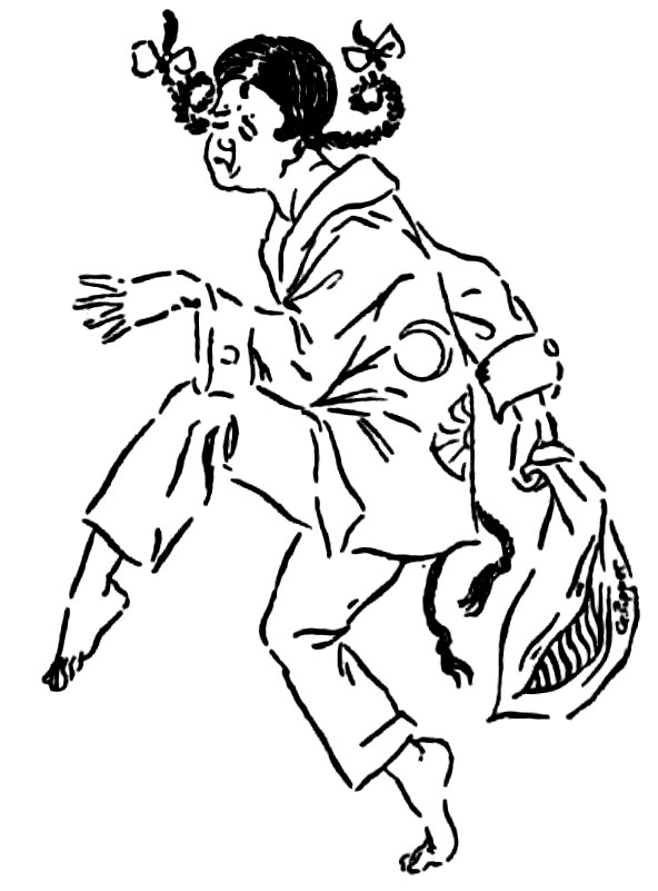 A person with bows in their hair dances barefoot, carrying a bag.