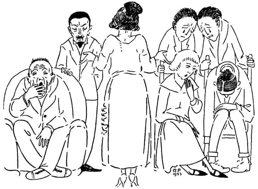 A woman stands in the center of a group of people, some of whom are yawning or appear sad.