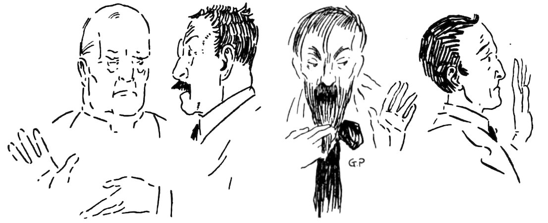 Four men with varying expressions and gestures are shown, including one man stroking his long beard.
