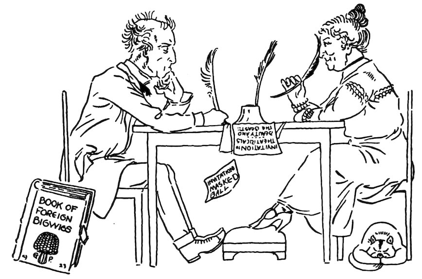 A man and a woman sit at a table with quill pens, near a book labeled "BOOK OF FOREIGN BIGWIGS" and a sleeping cat.