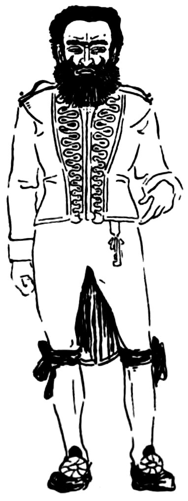 A bearded man wearing an ornate, military-style jacket with decorative trim, breeches, and buckled shoes.