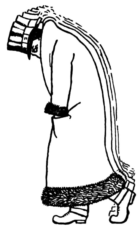 A person wearing a tall, brimmed hat and a long coat with a fur-trimmed hem walks while hunched forward.