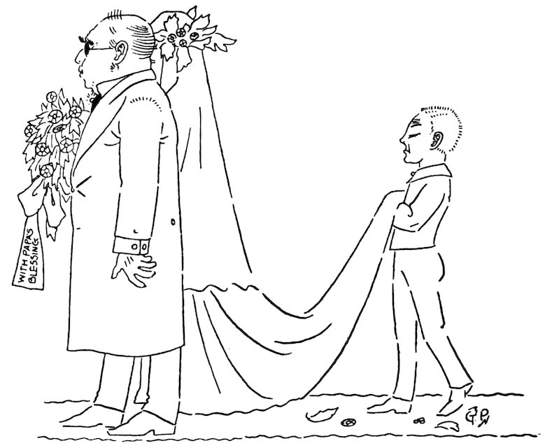 A man in a coat stands holding a bouquet, while a smaller person carries the long train of a bride