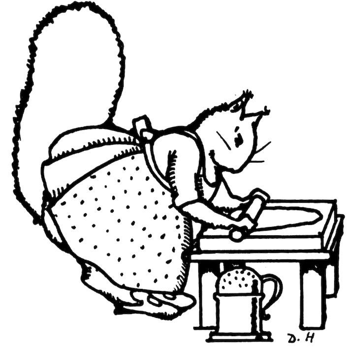 A squirrel wearing a dotted apron rolls out dough on a table, with a small container sitting underneath.