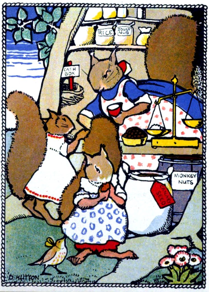 An illustration of squirrels in aprons working in a store, using a scale to weigh goods for customers.