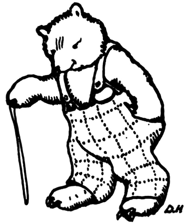 A black-and-white illustration of an anthropomorphic bear wearing plaid overalls and walking with a cane.