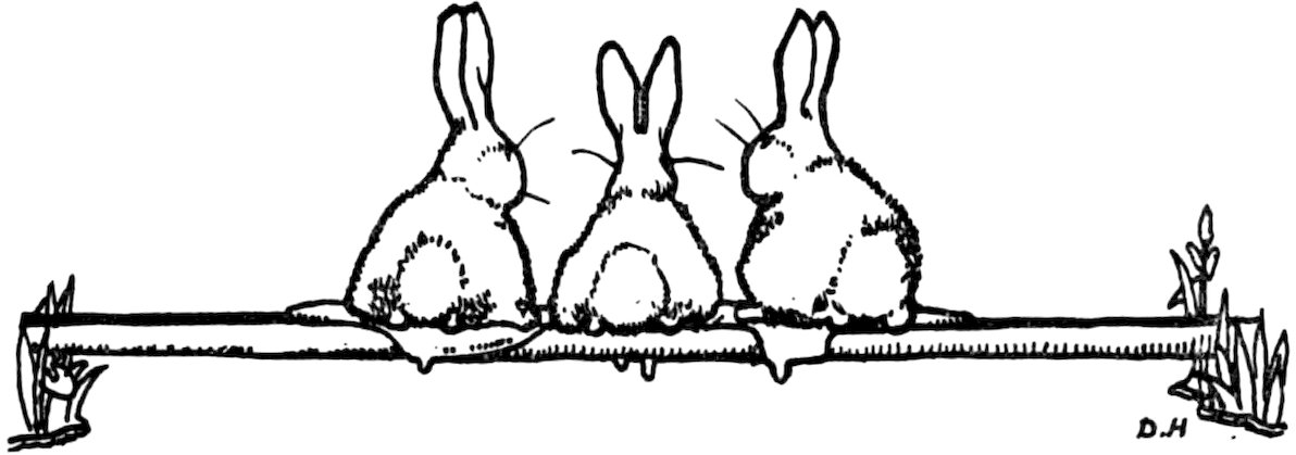 A black-and-white illustration of three rabbits sitting side-by-side on a log, viewed from behind.