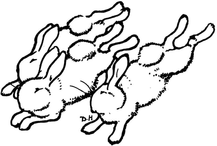 A black-and-white line drawing showing three rabbits in mid-leap, depicted in motion.