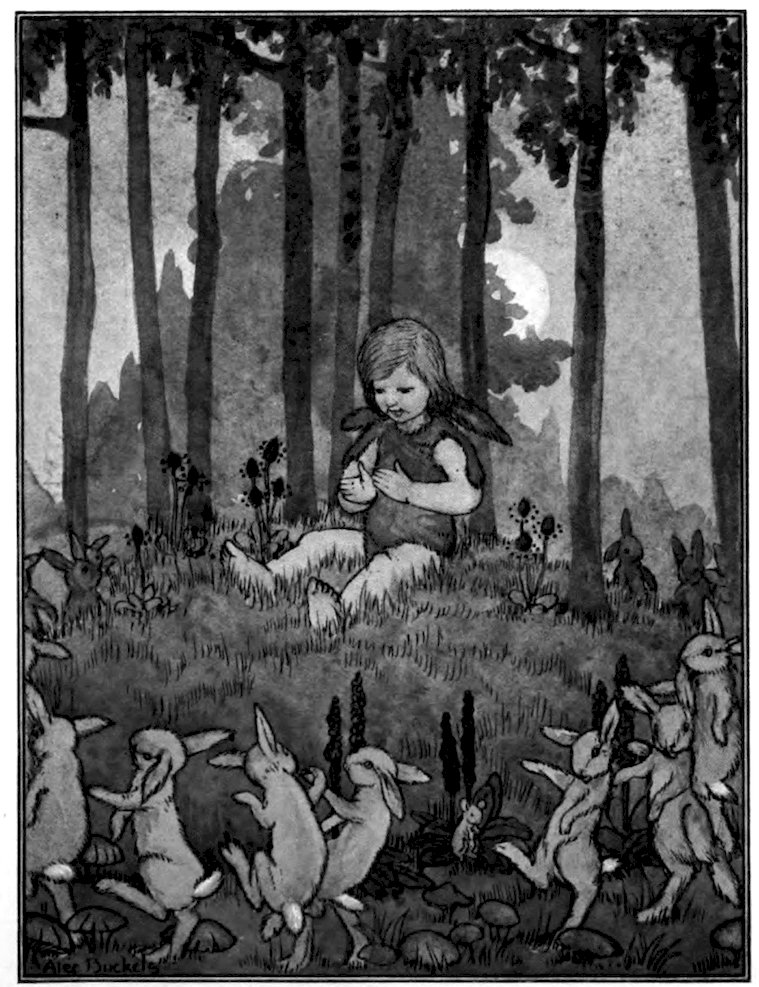 A monochromatic illustration of a young child sitting on the forest floor, surrounded by several dancing rabbits in the woods.