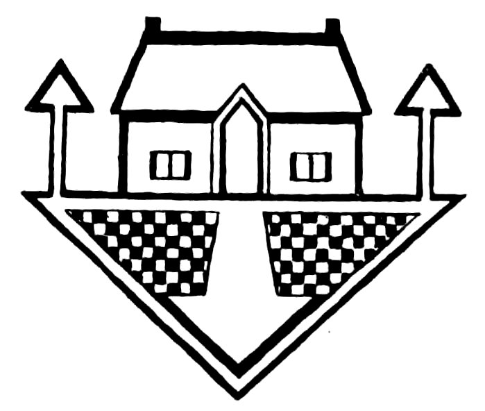 Black and white line drawing of a house situated above a downward-pointing chevron shape with checkered patterns.