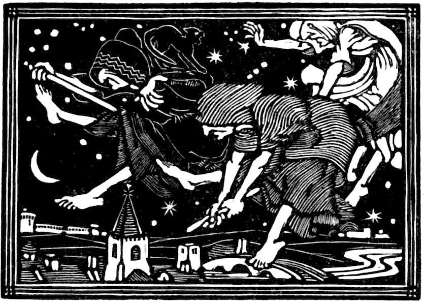 Black and white illustration of three figures flying on broomsticks over a village at night.