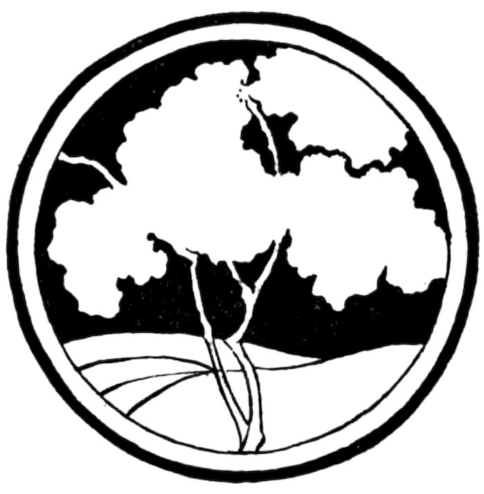 Black and white circular illustration featuring a tree in a landscape.