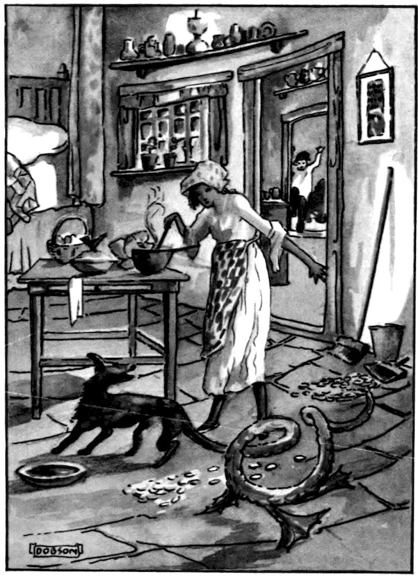 Black and white illustration of a person cooking in a kitchen, with a dog, a spilled bowl, and a person seen through a doorway.
