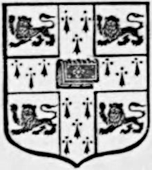 Coat of arms of the University of Cambridge; being one lion in each corner, divided by a cross with a closed book in the center
