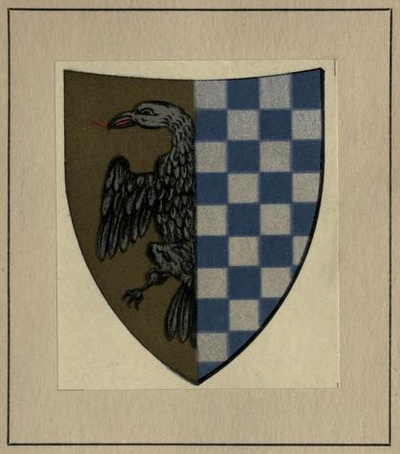 Uberti shield. Left half, black eagle on gold field. Right half, blue and silver checks.