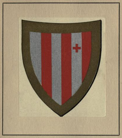 Della Bella shield. The silver and red vertical stripes of Hugo of Tuscany, in a gold fringe, with the red cross on silver of the people of Florence.