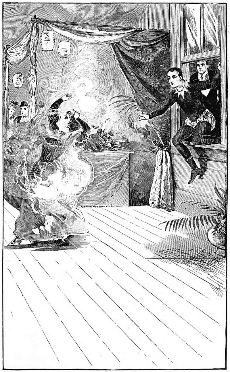 A woman wearing a burning dress as a man comes through the window