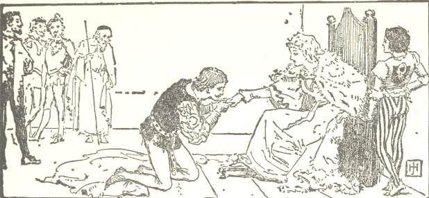 Decorative graphic of young man kissing the princess’
hand